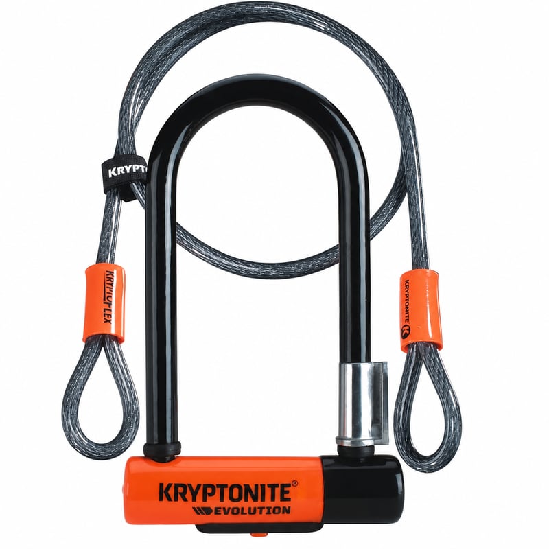 Zámok v tvare U Kryptonite Evolution Mini-7 s lankom KryptoFlex 410, 13 mm strmeň z tvrdenej ocele, dvojité zaistenie — chýbajúci držiak (stav: pozri 2. obrázok)