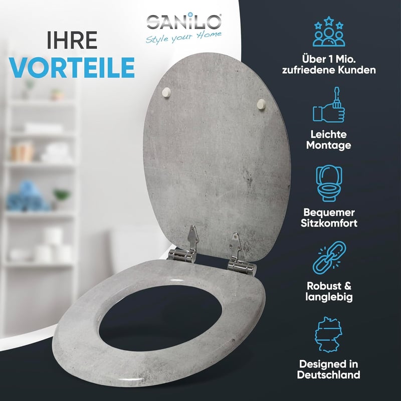 Sanilo Ovális WC Ülőke Beton Mintázattal - MDF Fa Hatású Toalett Tető Soft-Close Mechanizmussal, Stabil Zsanérokkal, Egyszerű Szereléssel