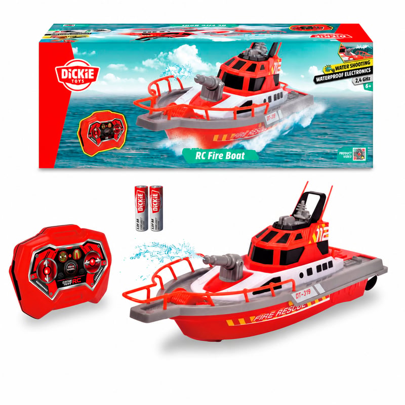 RC hasičská loď Dickie Toys 201107000 s funkciou striekania vody, 3-kanálová, 27 MHz – chýba nabíjací kábel (stav: pozri 2. obrázok)