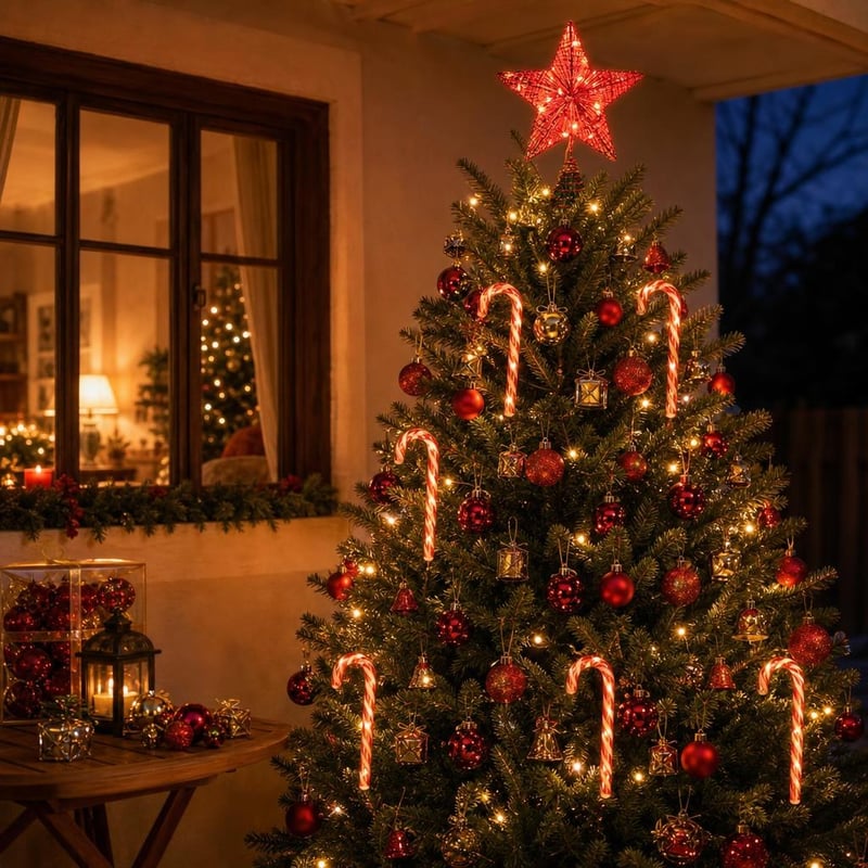 Čarolija crvenog božićnog drvca: 32 mini kuglice + LED vijenac lizalice + LED zvijezda