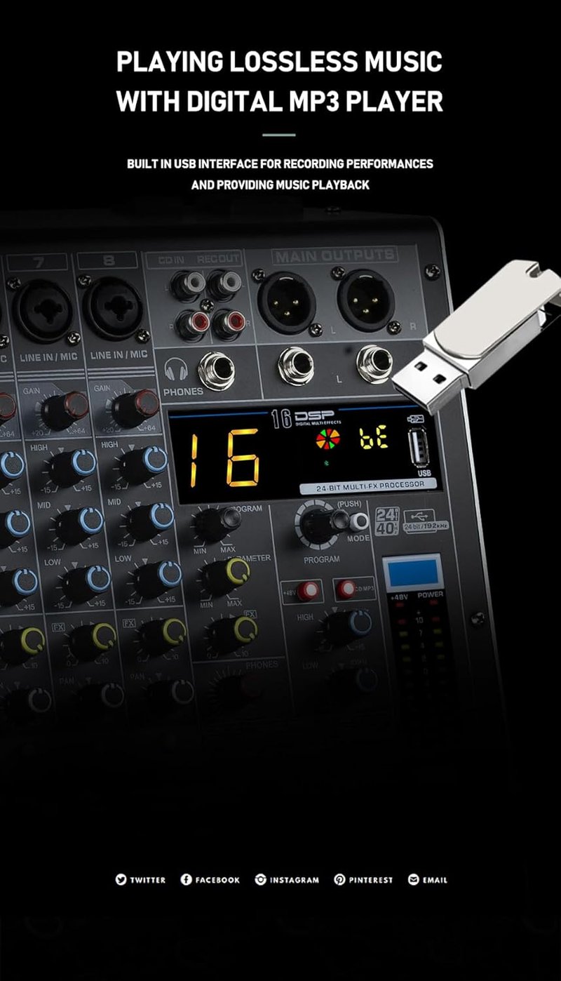 Weymic E-Series 8 csatornás professzionális keverőpult DJ-knek, stúdiófelvételhez, karaokéhoz - USB, XLR, 48V fantomtáp, Bluetooth