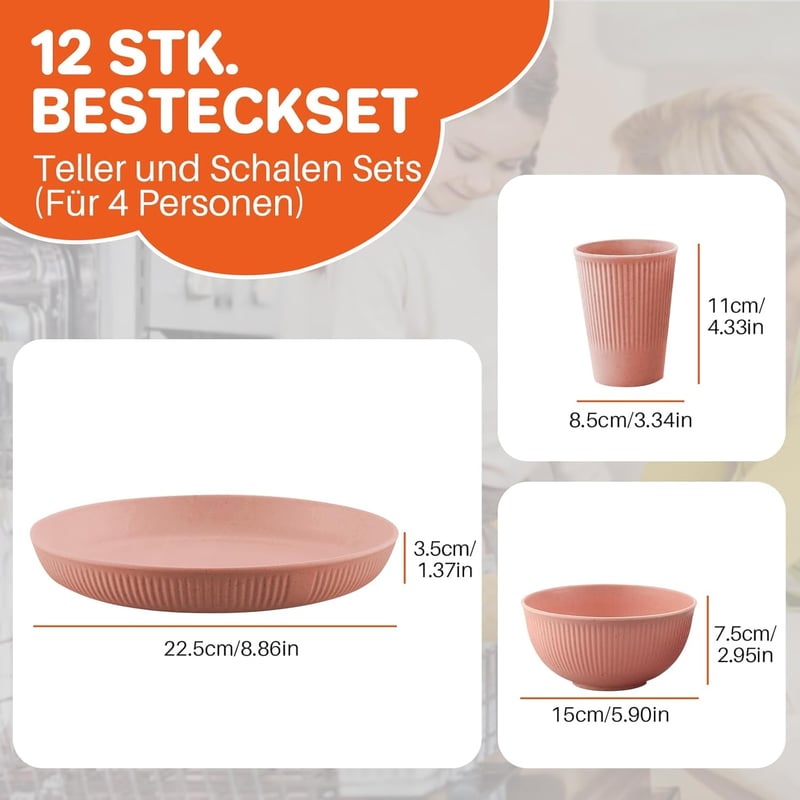 FUNYKICH 12 részes színes kemping étkészlet 4 főre - könnyű, törhetetlen, BPA-mentes tányérok, tálak és poharak piknikhez, kempingezéshez