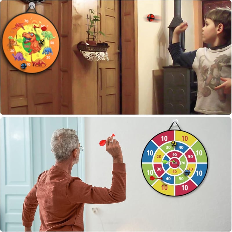 Montessori dinoszauruszos darts tábla gyerekeknek - 66 cm, 12 labdával, kétoldalas, kül- és beltéri játék