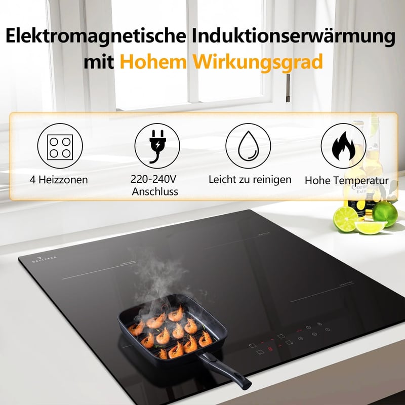 DELITEER Beépíthető Indukciós Főzőlap 4 Zónával - 3500W, 59cm, Dugóval, Biztonsági Zárral, Digitális Kijelzővel, Üvegkerámia Felülettel