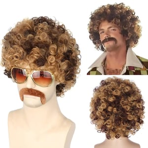 Pánska retro disco parochňa zo 70. rokov – blond-čierne kučeravé afro, vrátane náhrdelníka a fúzov