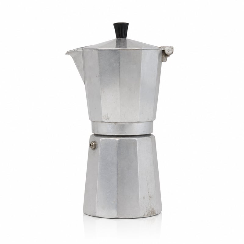 Bialetti Moka Express 18 személyes kotyogós — hibás, részben működik: letört nyél, foltos és használt felület (állapot: lásd a 2. képet)