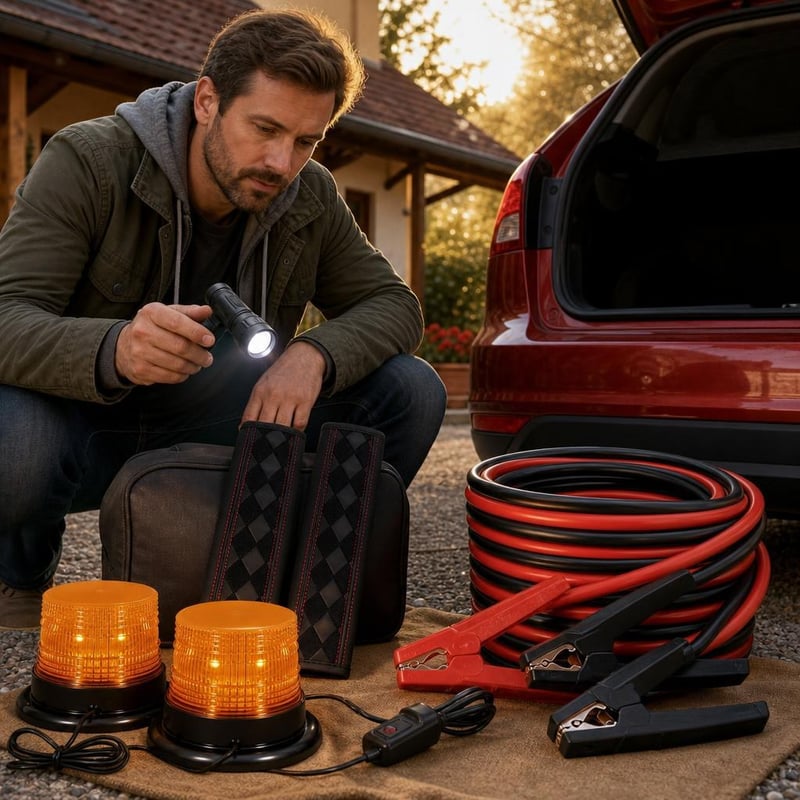 Autopohotovostná sada: 2x chránič pásov + 2x LED maják + 6m štartovacie káble + LED baterka
