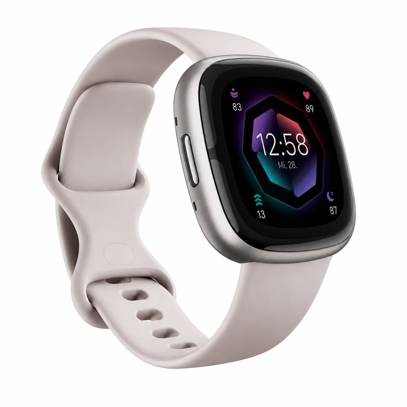 Fitbit Sense 2 pametni sat s bijelim remenom, kućištem od platinastog aluminija i ugrađenim GPS-om — Proizvod nema originalni punjač (stanje: vidi 2. sliku)