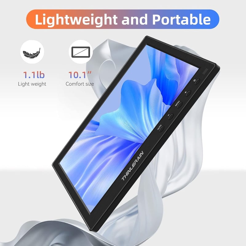 Thinlerain 10.1" IPS Monitor - 1366x768 Felbontású Kompakt Kijelző HDMI/VGA Csatlakozással, Beépített Hangszórókkal, Laptophoz és Számítógép