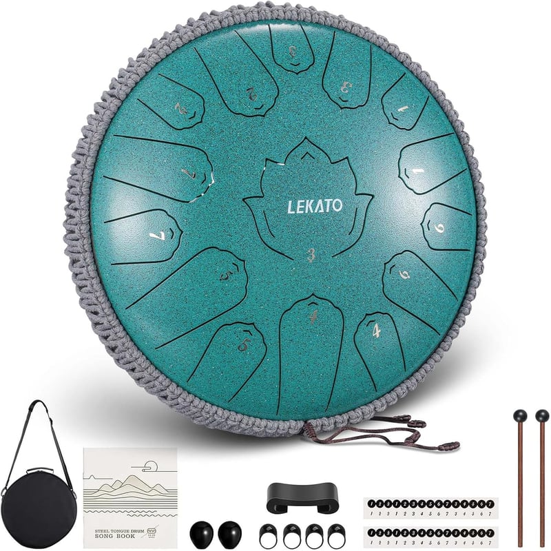 LEKATO Tongue Drum C-dúr 33 cm 15 Hangú Acél Handpan Dob - Meditációs Hangszer Kezdőknek, Malachit Zöld Ütőkkel és Dalkönyvvel