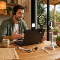 Pachet Pro Videoconferințe: cablu webcam + lampă inelară USB + căști cu microfon + selfie stick 1