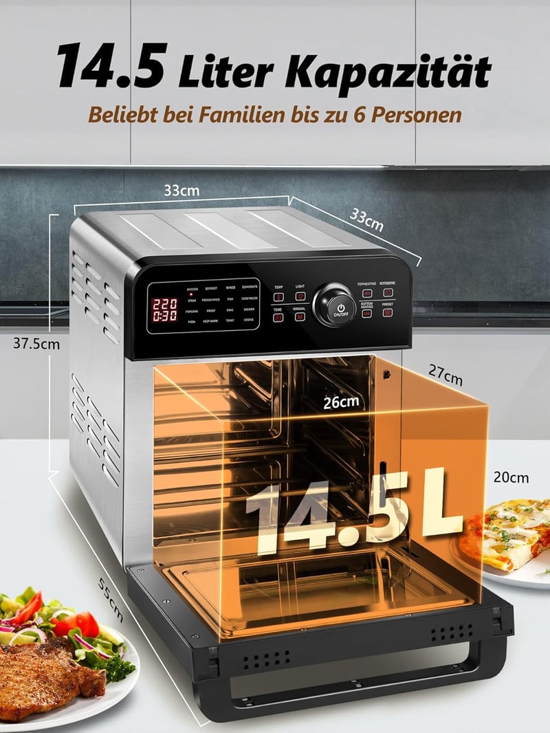 MICHELANGELO 14,5L Digitális Forrólevegős Sütő 1700W - Olaj Nélküli Légkeveréses Fritőz 16 Programmal, Forgónyárssal és Aszalóval, 8 Kiegész