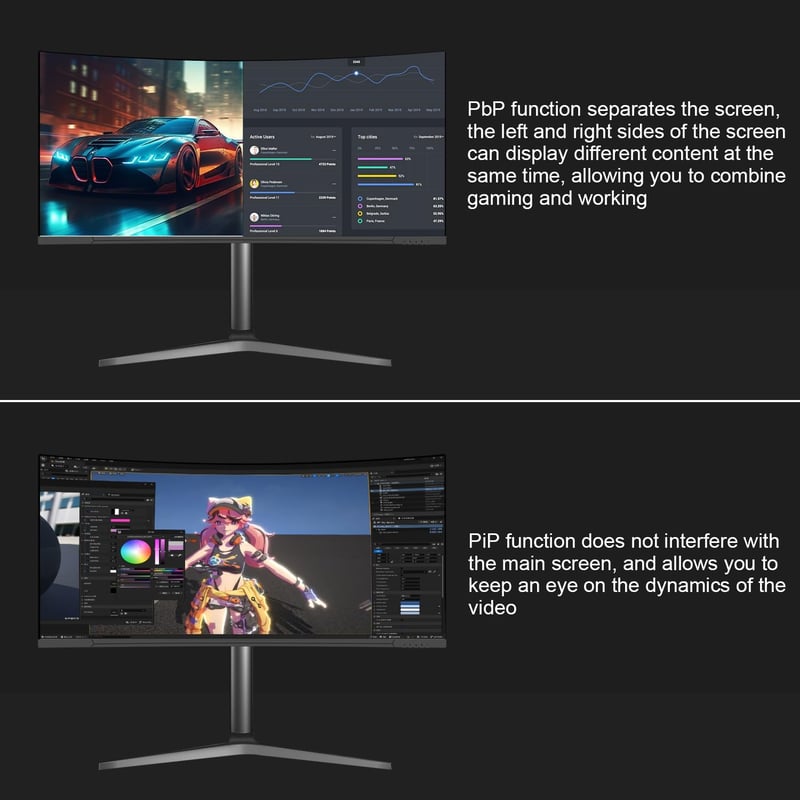 Prechen 34" Ívelt WQHD Gamer Monitor, 165Hz, 1500R, 3440×1440, HDR10, FreeSync/G-Sync, DisplayPort+HDMI, Állítható Magasság, Fekete