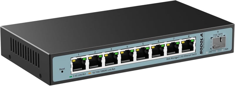 9 portos 2.5GbE web‑menedzselhető switch – 1×10G SFP+ + 8×2.5G RJ45, LACP/VLAN/QoS/IGMP, ventilátormentes fémház