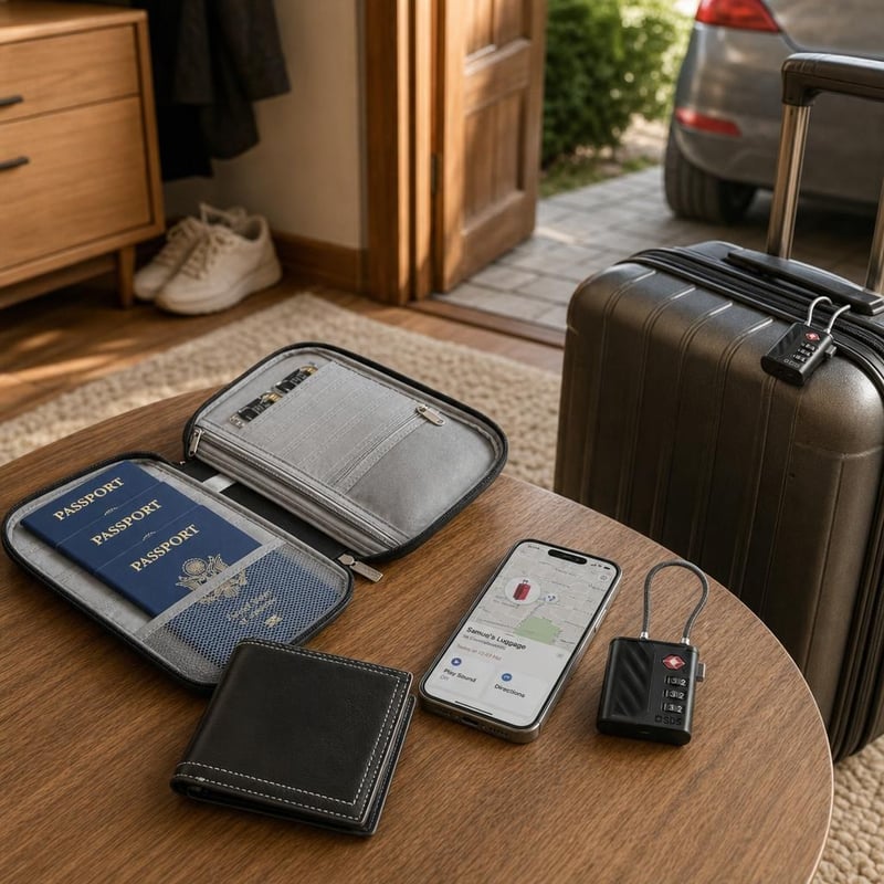 Set de călătorie: portofel piele + organizator pașapoarte (3 pers.) + lacăt TSA cu Find My