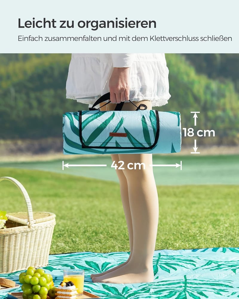 SONGMICS XXL Vízlepergető Piknik Takaró 200x200cm - Páfrány Mintás, Kék, Mosható