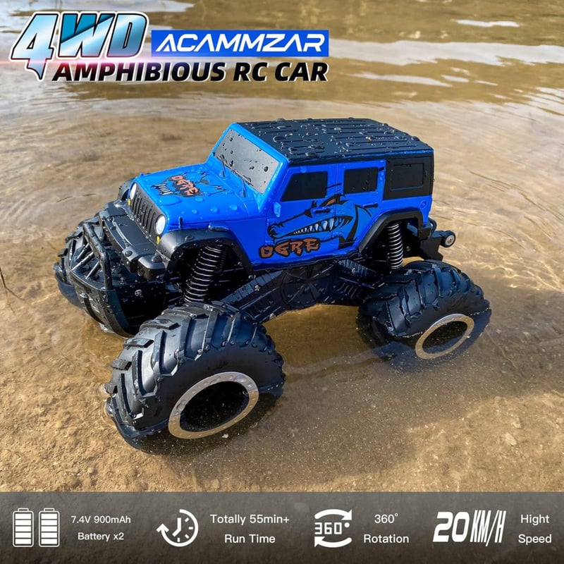 ACAMMZAR Kétéltű Távirányítós Autó Akksis- 2.4GHz 4WD 360° Forgás, Vízálló Monster Truck, 2 Akkumulátorral, Terepjáró RC Jármű 