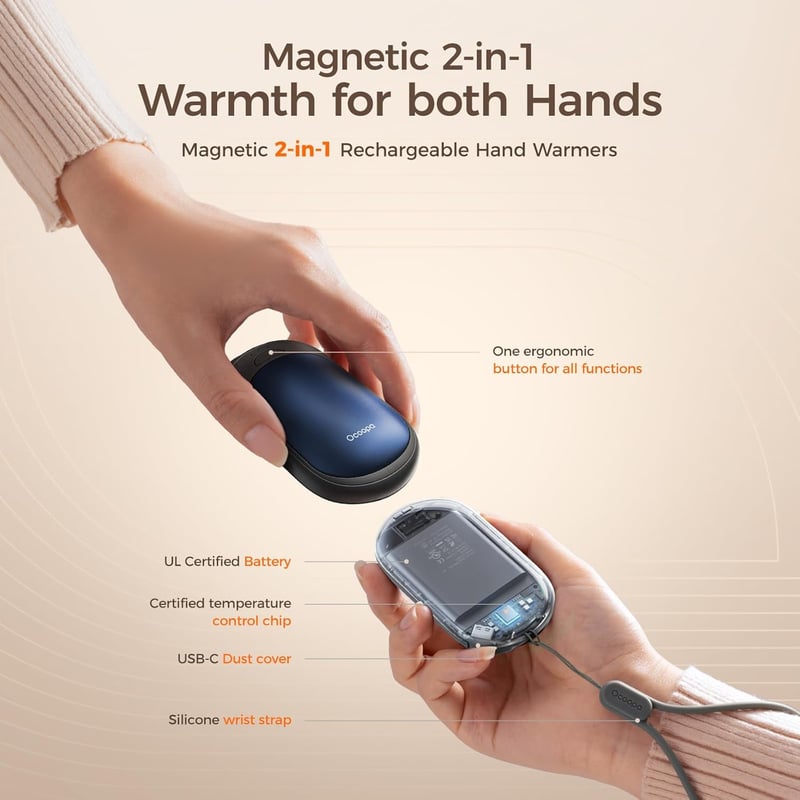 OCOOPA Tölthető Kézmelegítő Szett, 2db Mágneses Zsebméretű Melegítő, 5000mAh, Ultrakönnyű, 3 Hőfokozat 53°C-ig, Kempinghez, Raynaud-szindróm