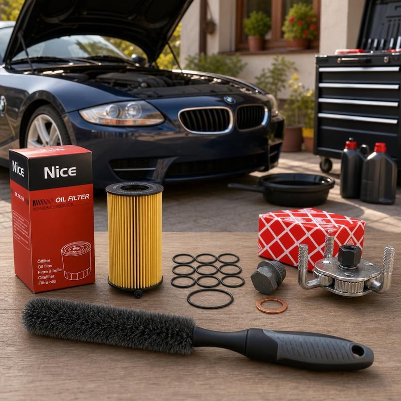 Set za izmjenu ulja BMW: filter ulja + 10x O-prsten + brtva čepa + ključ za filter + četka za felge