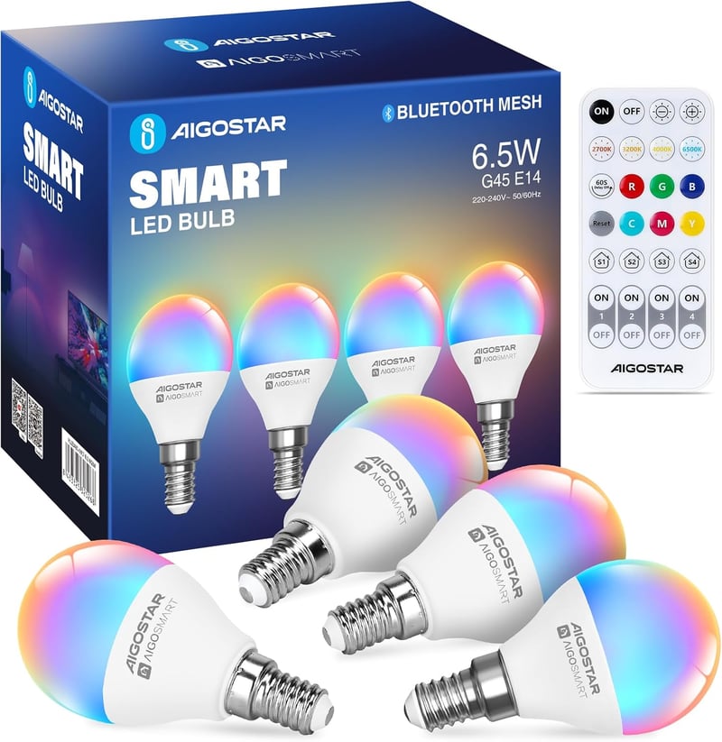 Aigostar E14 Mesh okos izzó Alexa-kompatibilis RGB LED 4db távirányítóval - 6.5w 4 Stück, G45 E14