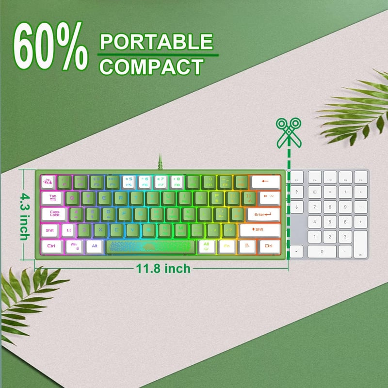 Redragon Mini 60% RGB Gamer Billentyűzet, Zöld-Fehér, QWERTY, PC/Mac