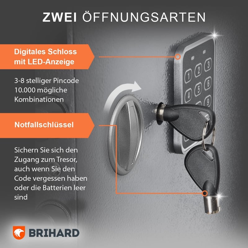 Brihard Business EL Elektronikus Széf - 57 Literes Acél Páncélszekrény, Titán Szürke, Digitális Zár, LED Kijelző, Fali és Padló Rögzítés