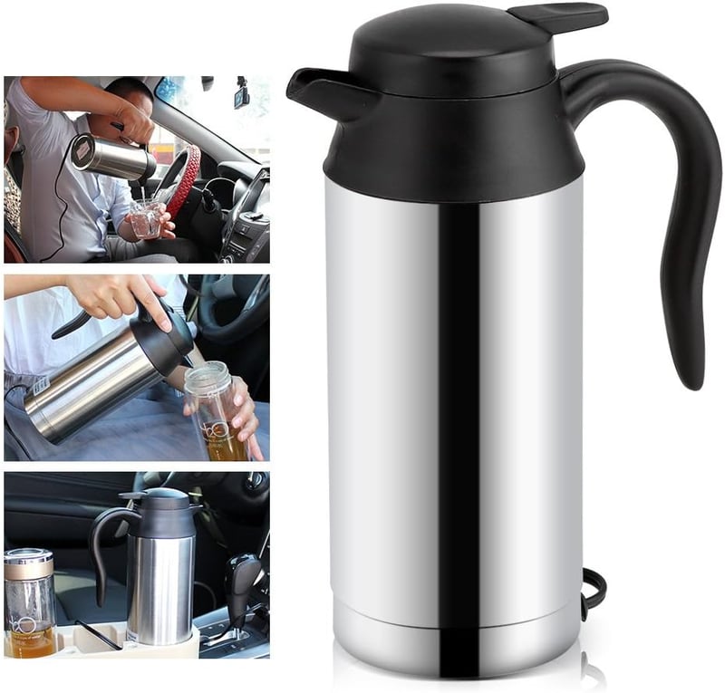 MAGT 12V 750ml Autós Vízforraló Bögre - Rozsdamentes Acél Utazó Termosz Kávéhoz, Teához - Automata Kikapcsolás, Jelzőfény, Ezüst