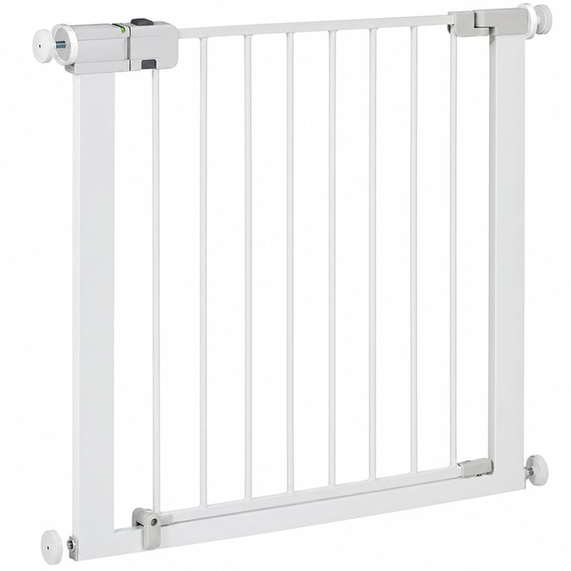 Bezpečnostná zábrana na schody Safety 1st SecureTech, biela, upevnenie bez vŕtania, 73 – 80 cm (max. 136 cm), otváranie jednou rukou, dvojité zamykanie, neúplné balenie