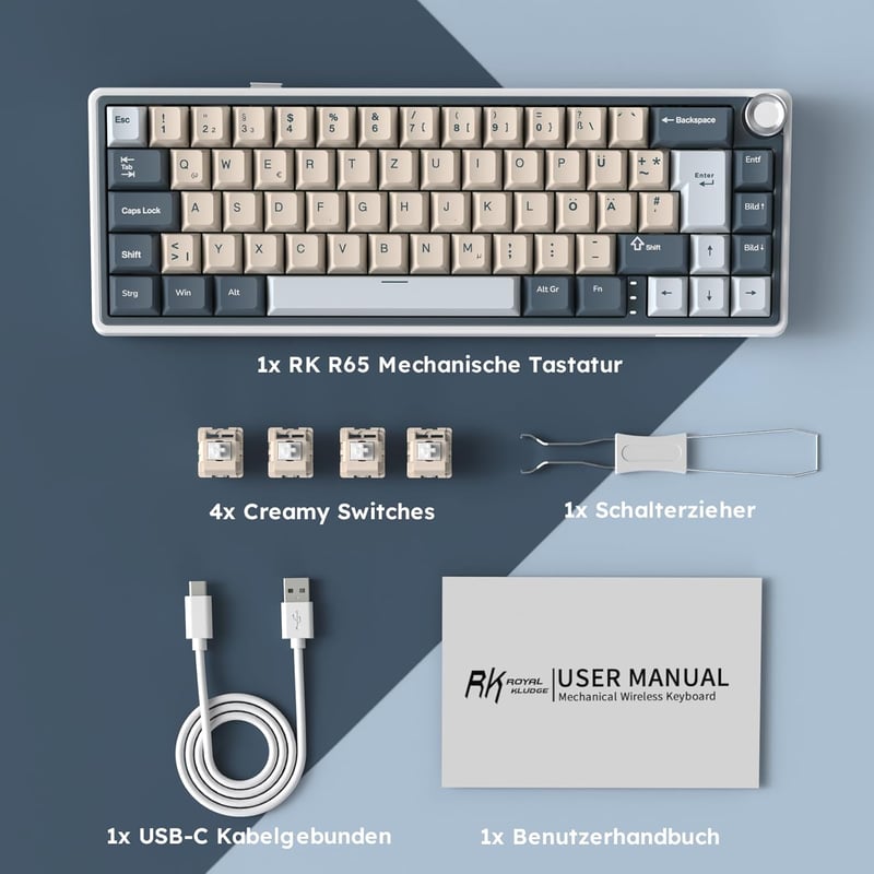 RK ROYAL KLUDGE R65 Mechanikus Billentyűzet Cream Switch - Vezeték Nélküli Bluetooth Gamer Keyboard Kék Színben 3750 mAh Akkumulátorral