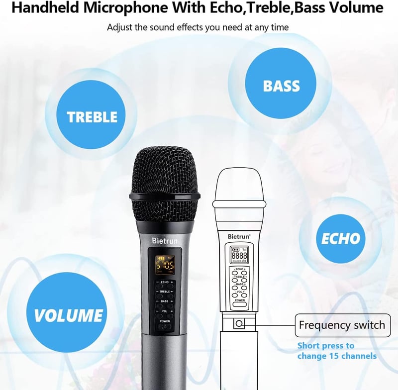 Bietrun UHF vezeték nélküli mikrofon Bluetooth-szal, hangeffektekkel, karaokéhoz és partikhoz