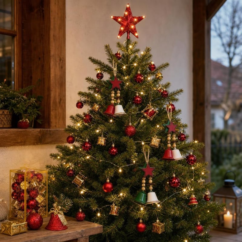 Blagdanska čarolija: 32x mini kuglice + 10m lampice + crvena zvijezda + 3x drveni ukras sa zvončićima