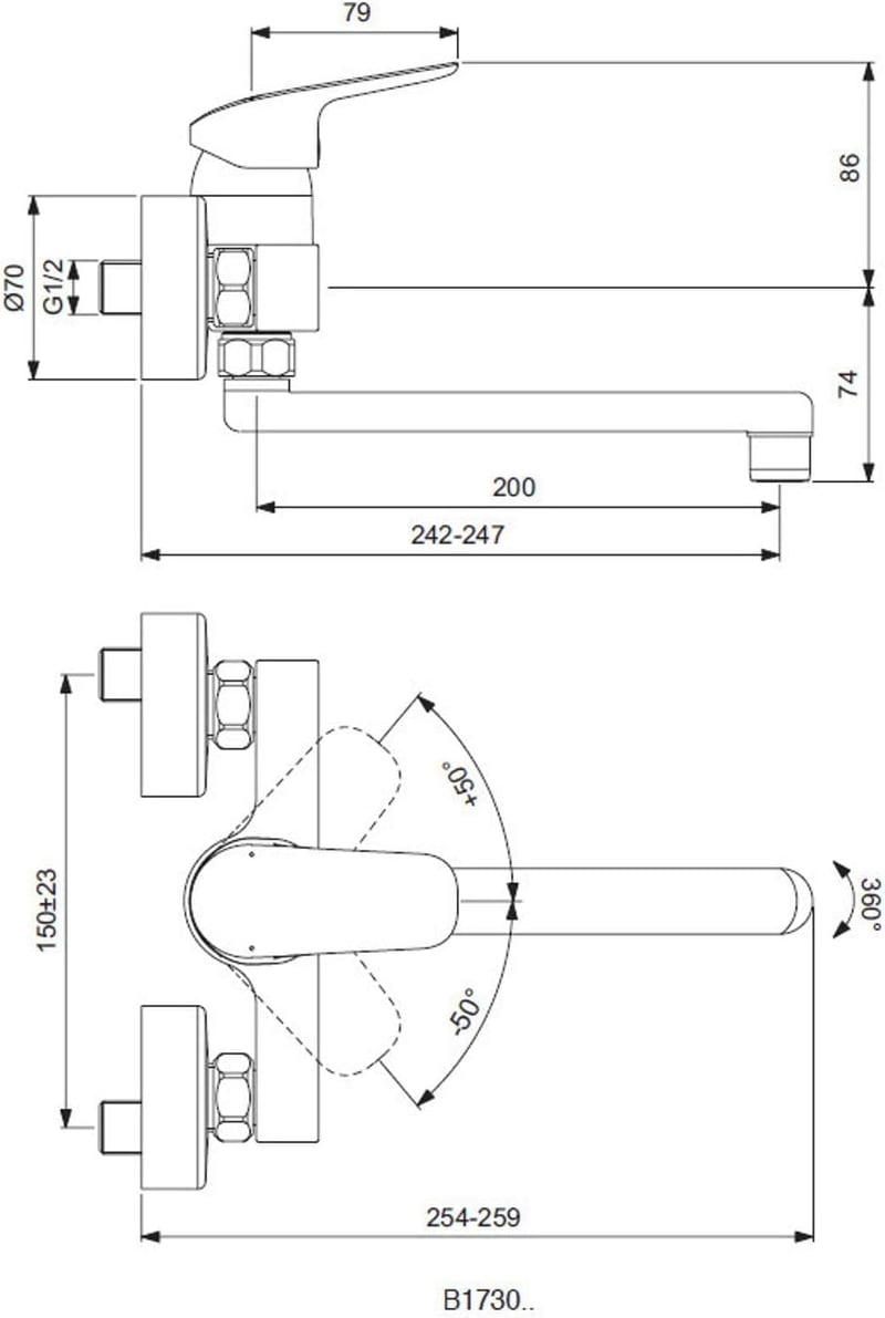 Ideal Standard Ceraflex Fali Konyhai Csaptelep, 200 mm Kifolyócsővel, Króm, Forgatható, S-Csatlakozás, Víztakarékos Rendszerrel, 38 mm Állít