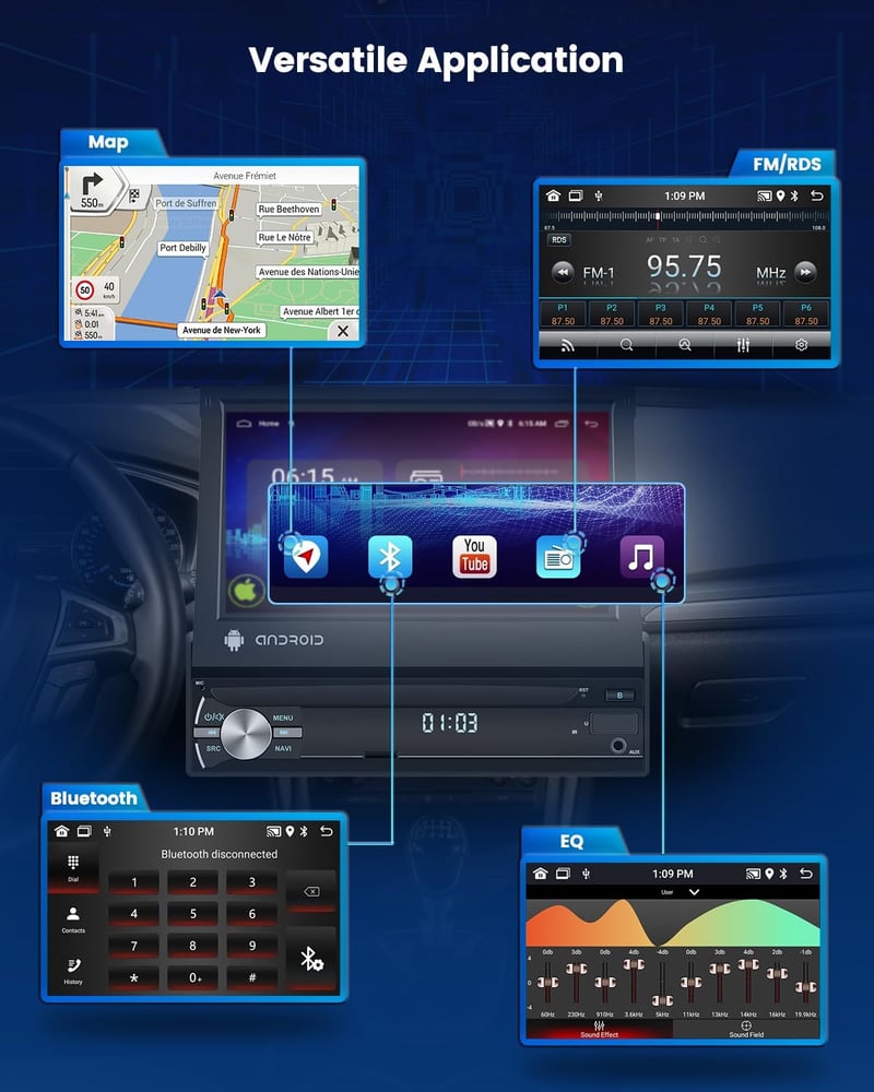 Hikity 1Din Android autórádió 7" kihúzható kijelzővel, GPS, Bluetooth, tolatókamera