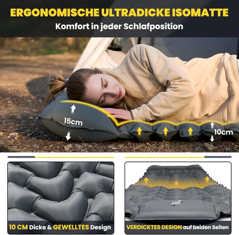 HIKENTURE Önfelfújó Kempingmatrac 10 cm Vastag, Beépített Lábpumpával, Csúszásgátló Felülettel, Kompakt Méretű Túramatrac Kültéri Alváshoz, 