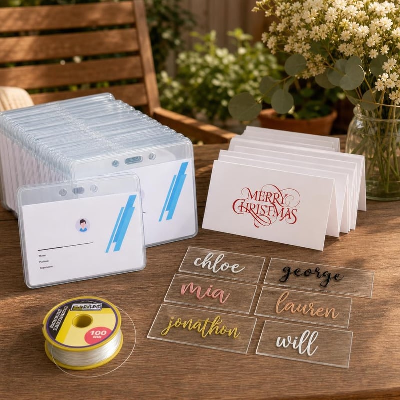 Set za organizaciju događaja: 50x držač kartica + 50x stolna kartica + 50x akrilni stalak + 100m nit