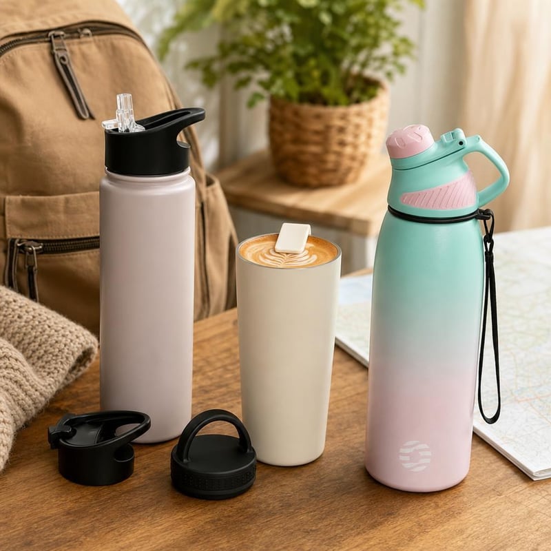 Termosúprava na cesty: 1× 750ml termoska + 1× 380ml cestovný hrnček + 1× 800ml športová fľaša
