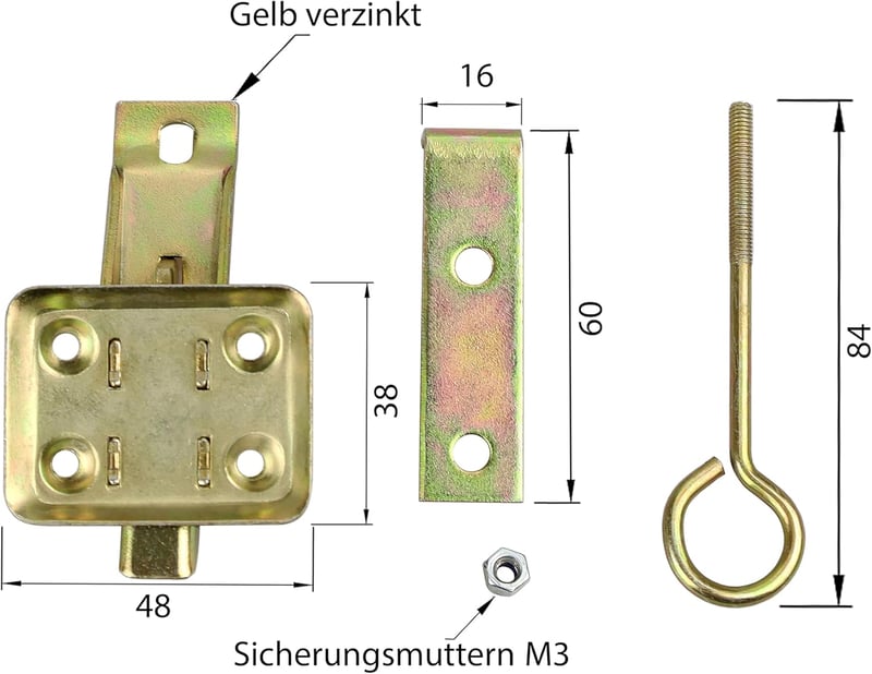 KeyMet GmbH Horganyzott Sárga Padlócsapda Retesz Ablakzár Horoggal - 80mm Hosszú Biztonsági Zár M4 Csavarfuratokkal - 1, Galvanised Yellow