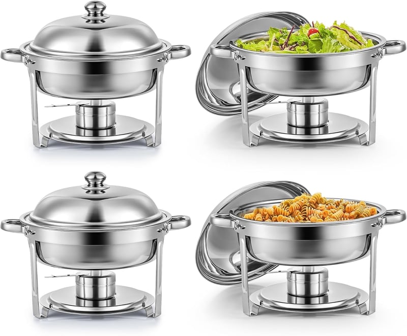Wilprep 5L Rozsdamentes Acél Ételmelegítő Szett - 4 db Kerek Chafing Dish Melegentartó Tál Rendezvényekhez és Partikhoz