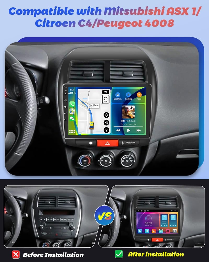 Hikity [2+64GB] Android 13 Autórádió 10.1" Érintőképernyővel - Vezeték Nélküli CarPlay, GPS, Bluetooth, WiFi - Mitsubishi ASX, Citroen C4, P