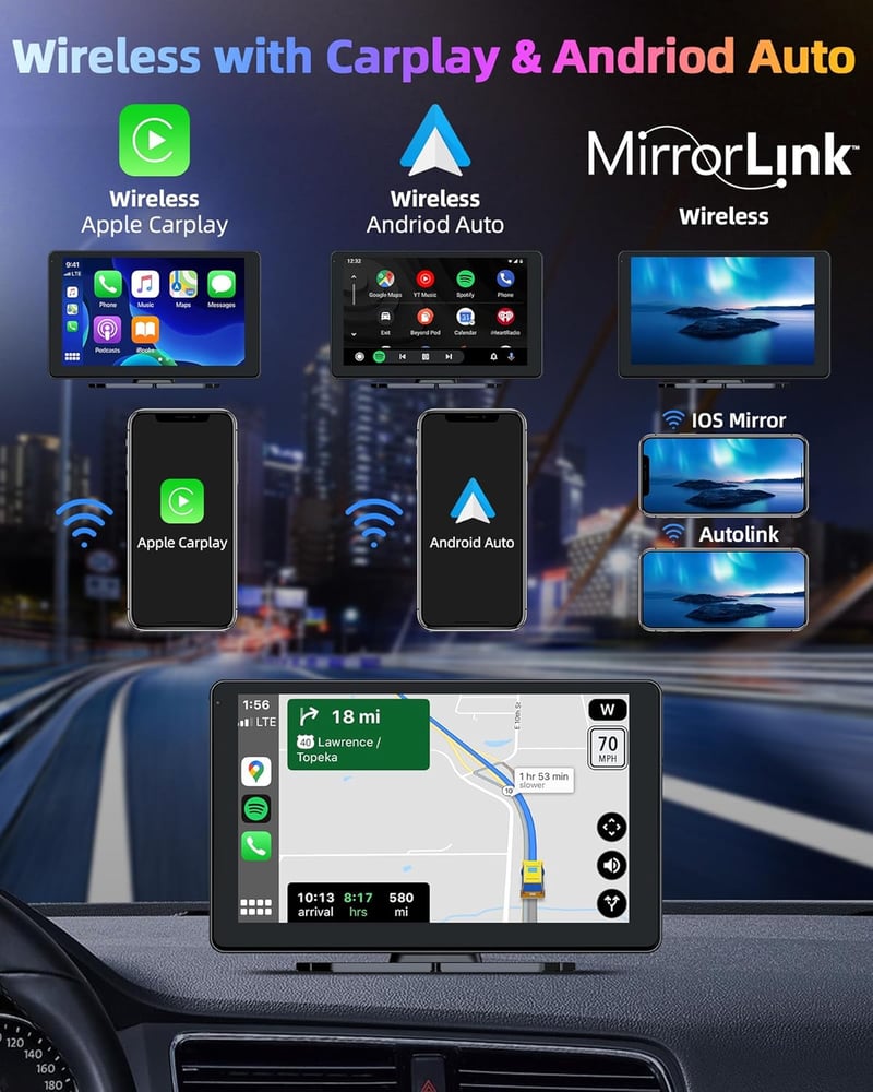 Jansite 4K Apple CarPlay Android Autós Kijelző 9" Vezeték Nélküli, Menetrögzítővel, Tolatókamerával, Bluetooth, Siri, 64GB TF Kártya Támogat