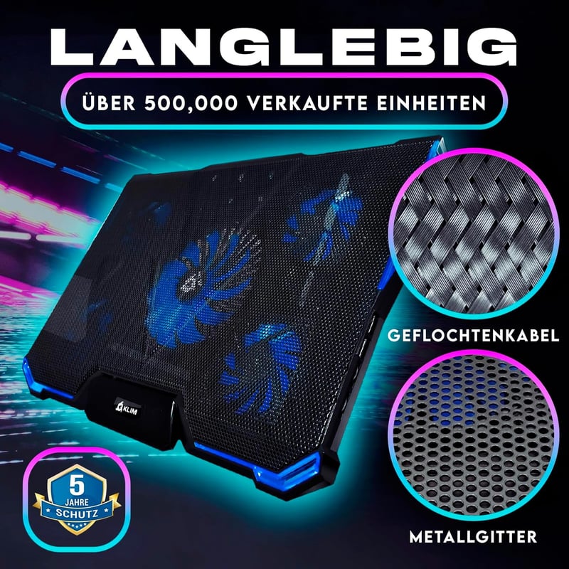 KLIM Cyclone Laptop Hűtő és Állvány - 5 Ventilátoros Hűtőpad Túlmelegedés Ellen - Kompatibilis PC, PS4, Xbox One, 11-19" Laptopokkal - Kék