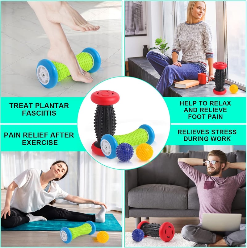EliaValth Talpmasszírozó Szett Plantarfasciitis Kezelésére - 2 Görgő, 2 Labda, Piros