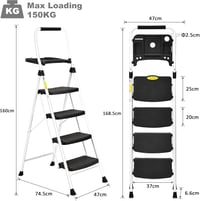 HBTower 4 Lépcsős Összecsukható Létra, Széles Csúszásgátló Pedálokkal, Stabil Fogantyúval, Könnyű 7,5kg Hordozható Acél Fellépő, Fehér, 229k 5