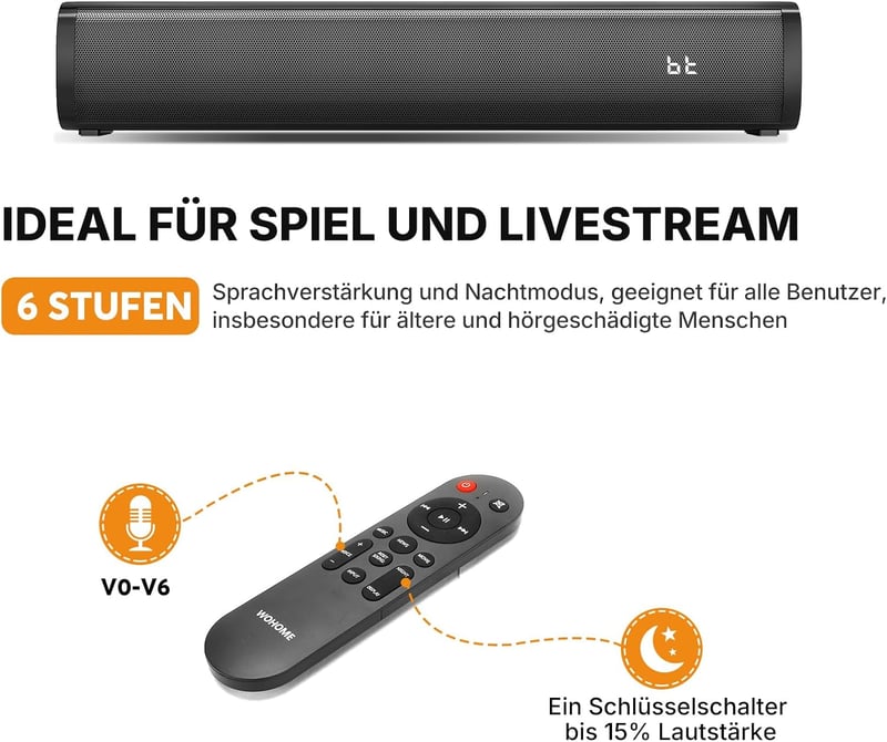 Wohome 16" 2.1 Bluetooth Soundbar TV Hangszóró - 3 EQ Mód, 6 Fokozatú Beszédjavítás, Többféle Csatlakozás TV/PC/Projektor/Telefon Eszközökhö