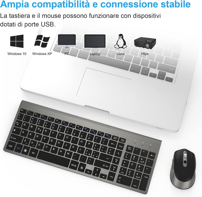 Olasz QWERTY vezeték nélküli billentyűzet és egér szett, ergonomikus, Windows/PC/Laptop