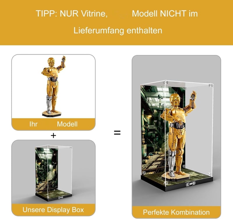 cooldac Akril Vitrin LEGO Star Wars 75398 C3PO Készlethez - Átlátszó Porvédő Kiállító Doboz HD Háttérrel - Építőkészlet Nélkül