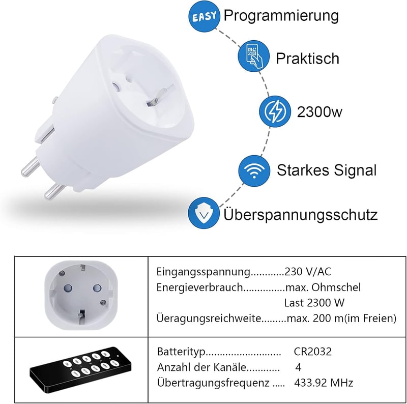 Sonsonai Távirányítós Konnektorok - 5 db, 2 Távirányító, 70m Hatótáv, 2300W
