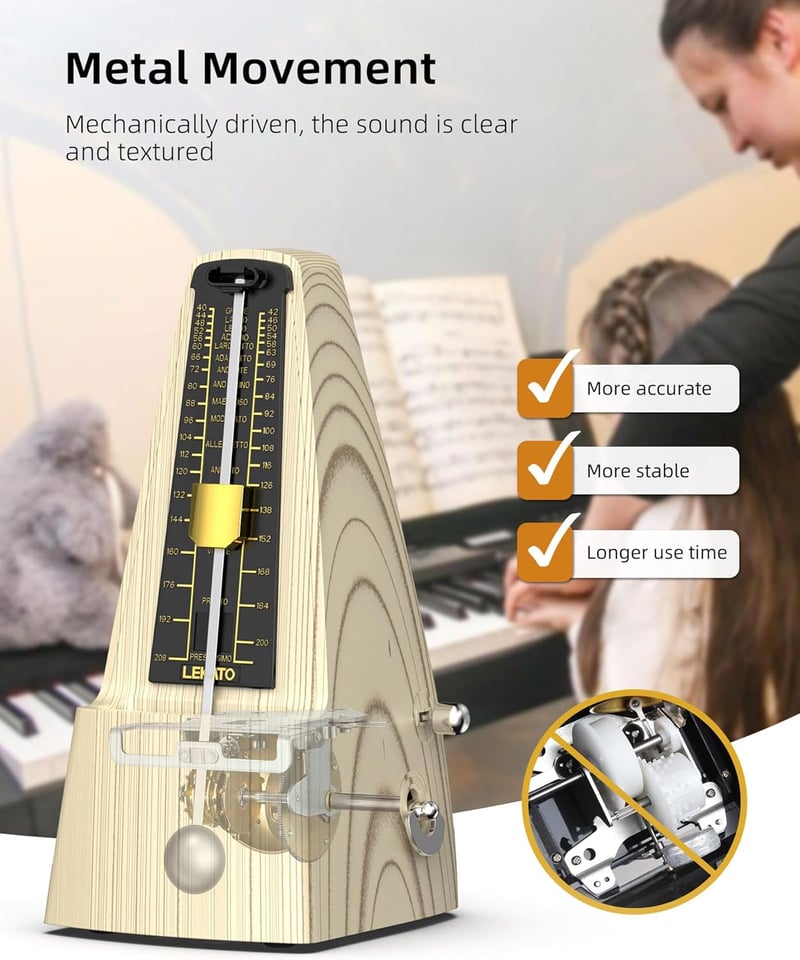 LEKATO Mechanikus Metronóm Fém Fogaskerékkel - Hangos, Pontos Időmérő Zongorához, Gitárhoz, Hegedűhöz - Klasszikus Piramis Dizájn, 40-208 BP