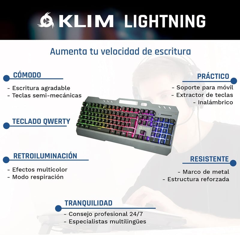 KLIM Lightning Vezeték Nélküli Spanyol Gamer Billentyűzet - Fém Váz, Mechanikus Érzés, RGB