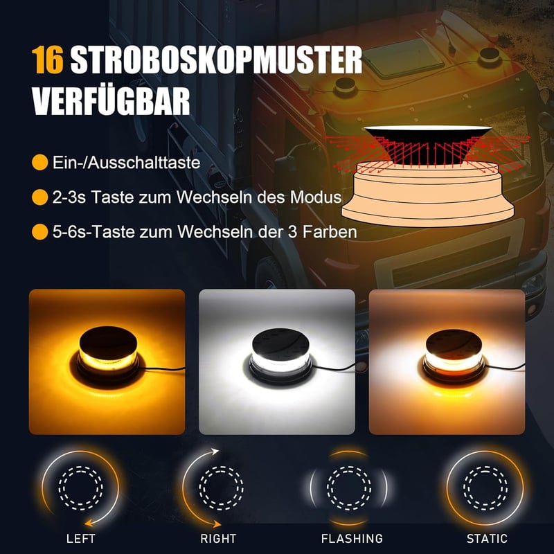 Dinfu LED Forgó Jelzőfény 12V - Mágneses Tetőlámpa 16 Üzemmóddal, 3 Színben, Vízálló, Autó, Traktor, Teherautó, SUV Járművekhez, 3m Kábellel